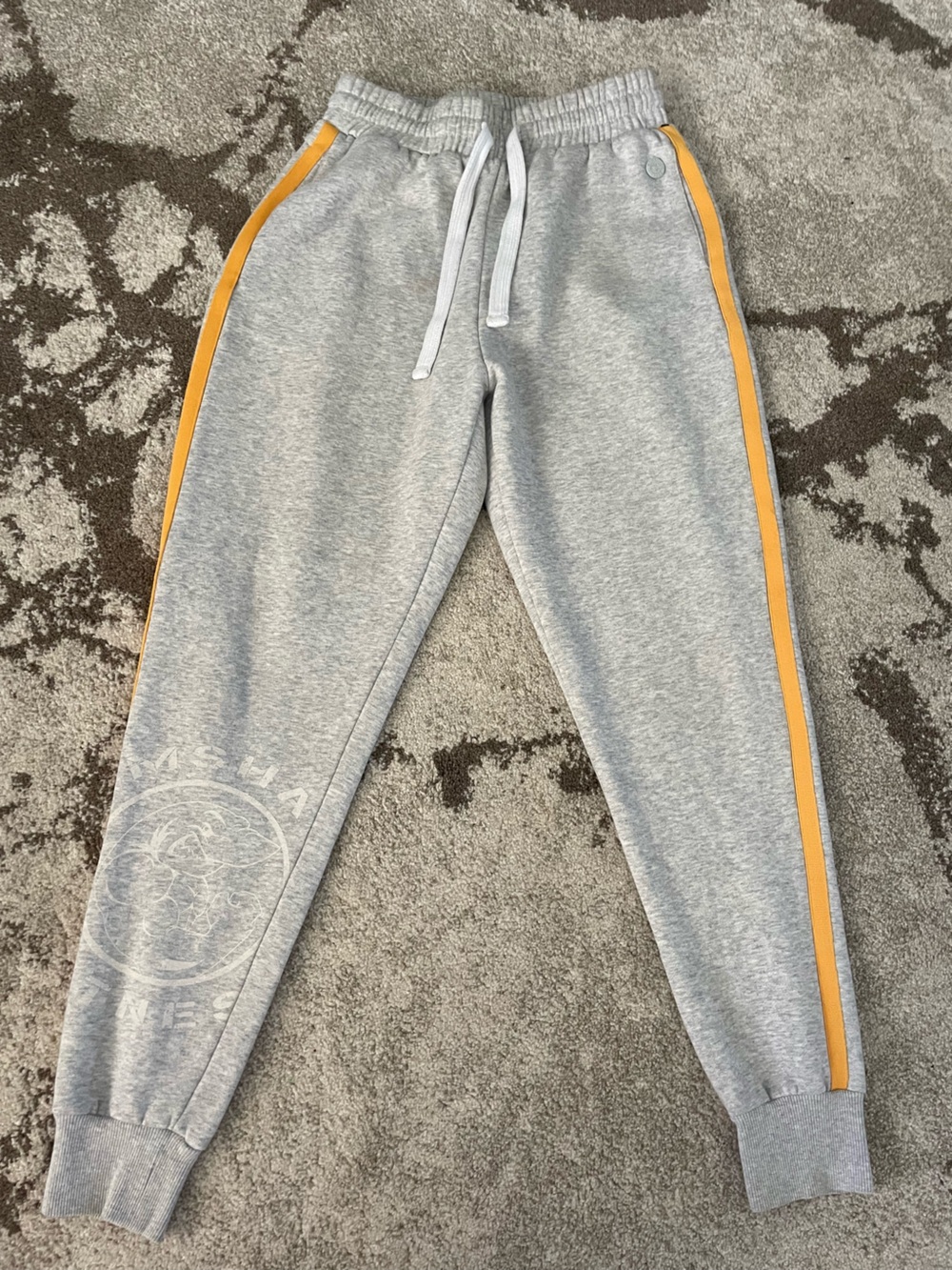 Gymshark Fitness Men's Gray Marl Yellow Side Stripe Joggers Sweatpants - Small
